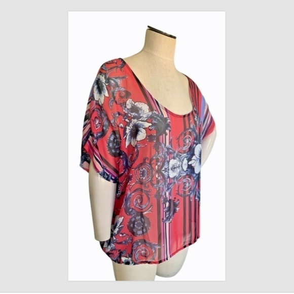 Allen B Relaxed Kimono Top Womens Sz L Pink Multicolor Floral Sheer #224E - Picture 2 of 4